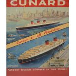 A Cunard poster of R.M.S. Queen Elizabeth leaving the ocean terminal Southampton and R.M.S.