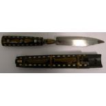 A 20th century whaling knife, handle and ebonised scabbard set with mother of pearl and brass inlay,