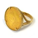 A Victorian old head full sovereign, 1888 set in a ring with 9ct yellow gold shank, size U,