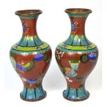 A pair of Japanese cloisonné baluster vases, bases drilled to convert to lamps, height 32cm,
