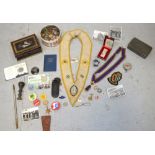 A collector's lot comprising Masonic memorabilia to include a purple sash with 9ct yellow gold