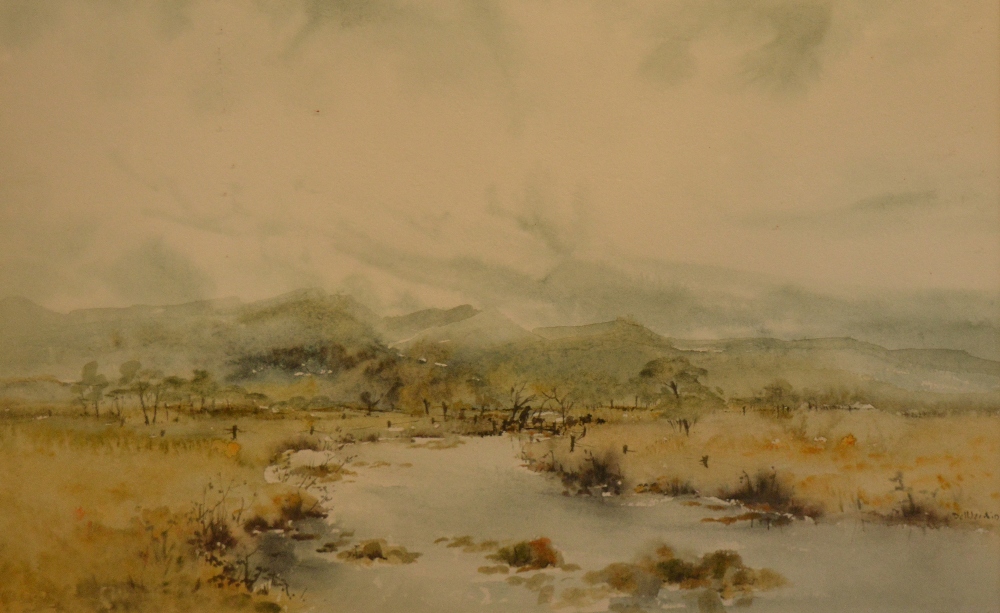 PHYLLIS DEL VECCHIO; watercolour, river landscape with mountains beyond, signed, 34 x 52cm,