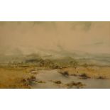 PHYLLIS DEL VECCHIO; watercolour, river landscape with mountains beyond, signed, 34 x 52cm,