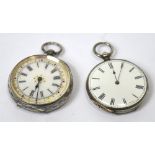 A small continental silver open faced pocket watch and a similar white metal example (2).