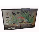 An Oriental picture depicting birds and flowers, made up of four panels, width approx 145cm.
