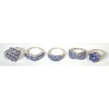 Five silver tanzanite set rings (5).