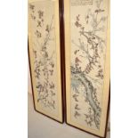 A large pair of Chinese watercolours, each depicting sparrows amongst blossoming branches,