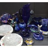 A box of ceramics and glassware to include cobalt blue glassware, various plates etc.