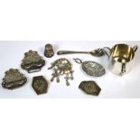 A small amount of plated ware to include tea caddy spoon, two nurse's buckles,