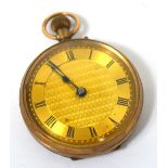 A small yellow metal open faced crown wind pocket watch,