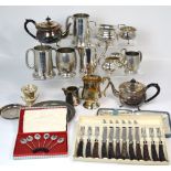 A cased set of steak knives and forks, a cased set of plated coffee bean spoons,