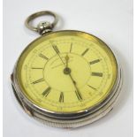 A hallmarked silver open faced chronograph pocket watch, dial set with Roman numerals, Chester 1894.