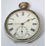 A silver open faced crown wind pocket watch,