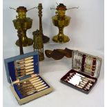 Two cases of plated flatware, a miner's lamp,