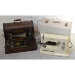 A vintage oak cased table Singer sewing machine and a cased Viking Husqvarna Swedish made table