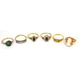 A group of six dress rings including 9ct gold floral set examples, cameo example etc (6).