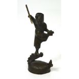 A 19th century Chinese bronze figure of a warrior holding a spear upon stylised animal (probably