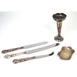 Five pieces of hallmarked silver to include a loaded trumpet vase, height 16cm,