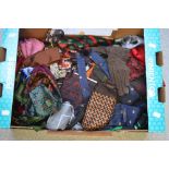 A quantity of vintage silk scarves and squares, silk ties, leather gloves etc.