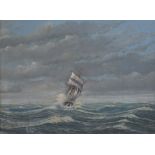 UNATTRIBUTED; a 20th century oil on board depicting a masted vessel on stormy waters,