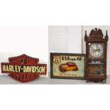 A reproduction thirty one day wall clock mounted with eagle to the top and a US Route 66 'The