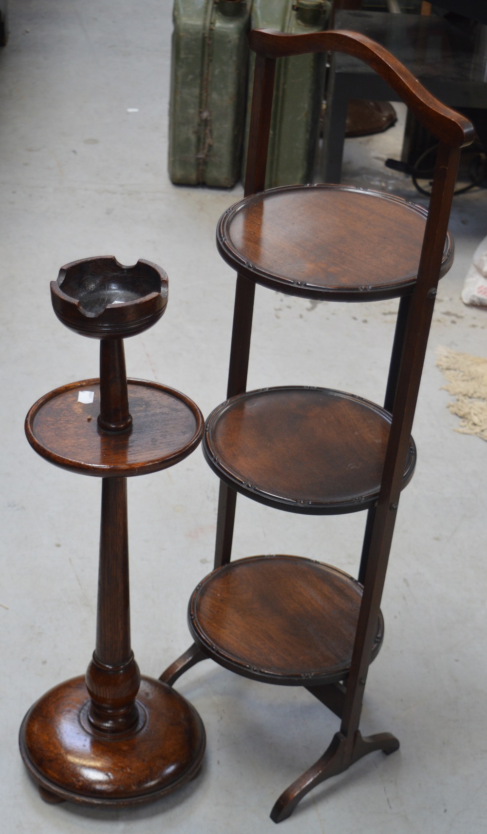 An Edwardian three-tier cake stand and a smoker's stand (2).