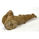 An unusual Chinese carved and polished stone pull-along toy modelled as a stylised bird and set