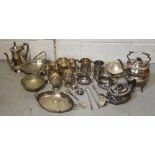 A quantity of silver-plated items and metalware to include a three piece tea service, dishes,