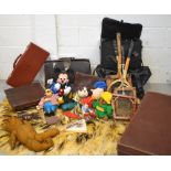 A quantity of vintage bags and suitcases, tennis rackets, soft toys,