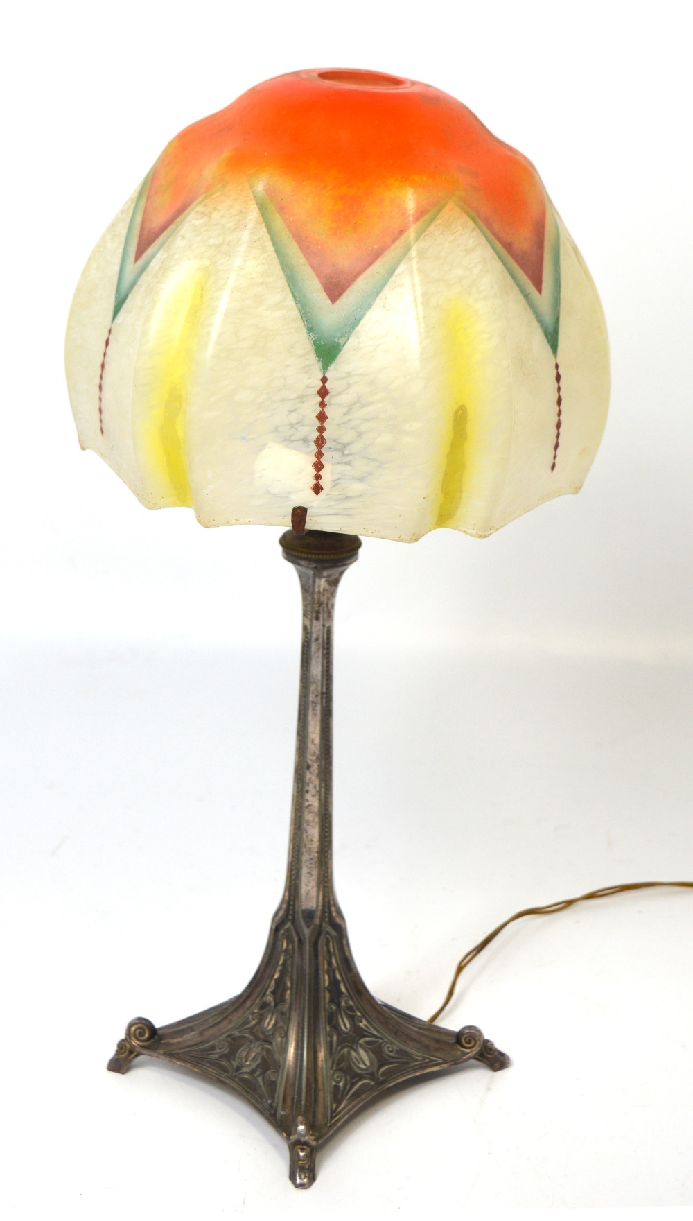 A W.M.F. white metal Art Deco lamp stand with an associated Art Deco glass shade, height 44cm.