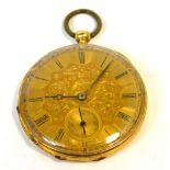 An 18ct gold engine turned open face pocket watch the gilded dial set with Roman numerals and baton