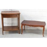 A bow-fronted side table with single drawer and a reproduction coffee table (2).