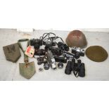 A quantity of cameras to include Zenit, Yashica, Miranda and Petri, a cased folding military shovel,