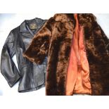 A vintage ladies' beaver lamb fur coat and a men's leather jacket.