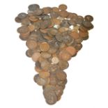 A small quantity of coins to include Victorian pennies, other pennies, three pences etc.