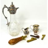 A 19th century cut glass claret jug with plated fitting, further silver plated items,