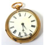 A 9ct gold open faced pocket watch, enamel dial set with Roman numerals.