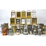 Approximately eleven modern carriage clocks and a quantity of metal tankards to include pewter etc.