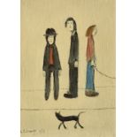 LAURENCE STEPHEN LOWRY (1887-1976); a signed limited edition coloured print 'Three Men and a Cat',