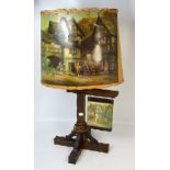 An early 20th century lamp in the style of a country public house sign topped with a paper shade