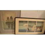 A triptych of Japanese prints depicting a continuous landscape with figures in a boat in foreground,