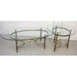 A modern circular glass table on a classical style metal base, diameter 43cm and an oval example,