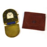CARTIER; a brass quartz travelling clock with cabochon to the winding crown,