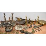 A quantity of metalware to include 19th century copper and brass warming pans, horse brasses,