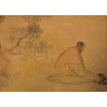 An early 20th century Chinese watercolour on fabric, figure kneeling beside a tree, 38 x 47cm,