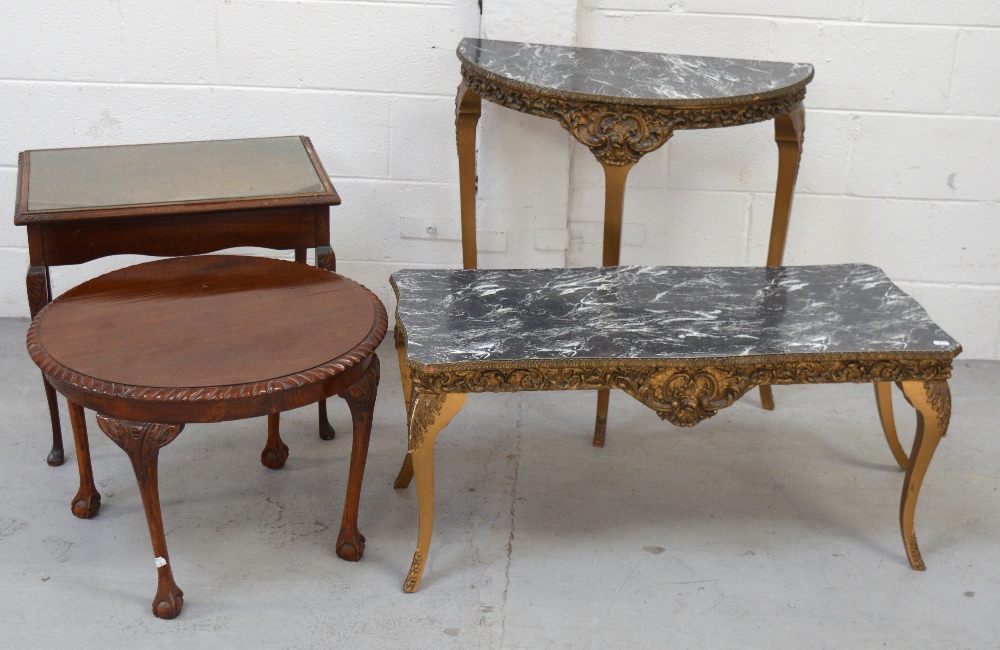 Four occasional tables to include a gilt heightened demi-lune example and a matching gilt