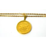An American twenty dollar gold coin, 1901 on 18ct yellow gold chain, approx 56g.