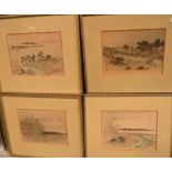 A set of four Japanese prints depicting various landscapes, each 17.5 x 23.