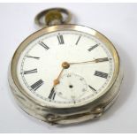 A silver open faced crown wind pocket watch,