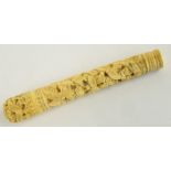 A Japanese Meiji period carved ivory cylindrical needle/bodkin case with screw top,